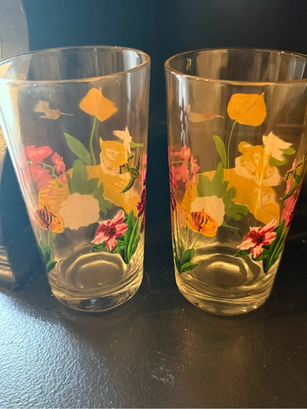 Anthropologie Tiger & Floral Glasses in Orange, Pink, Green